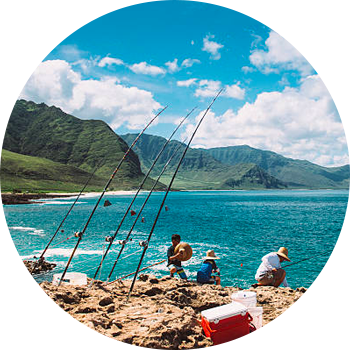 People shoreline fishing with poles propped up.