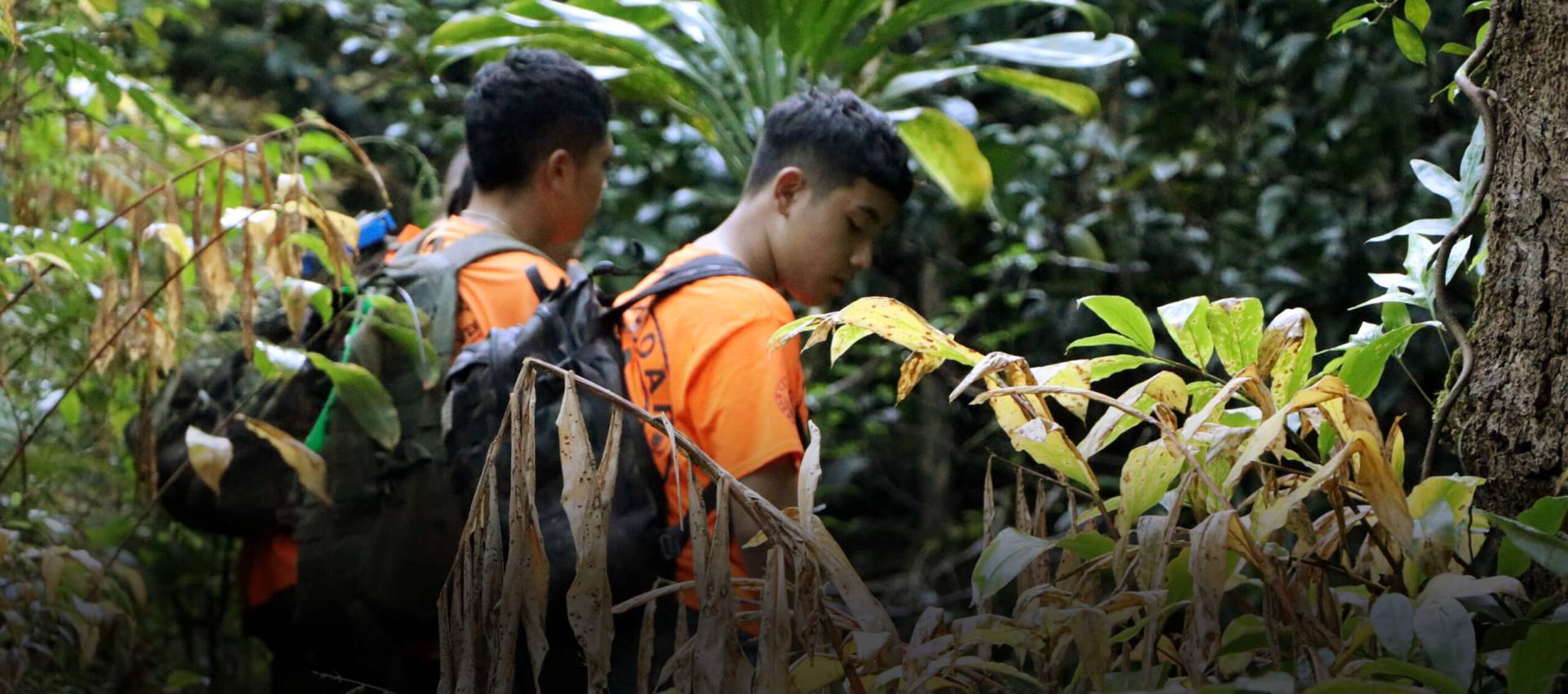 Two boys wearing orange shirts while hunting on the trail.